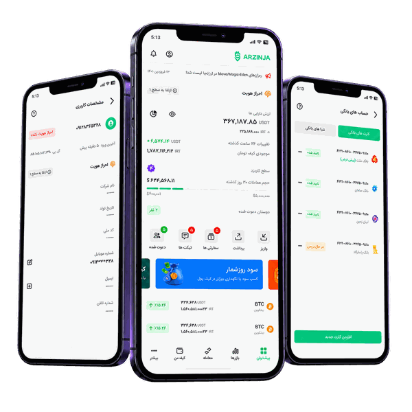 Arzinja exchange app — dashboard, profile and bank accounts on three phones