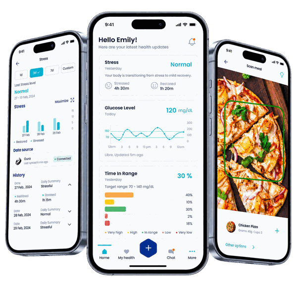 Glucare — stress tracking with Oura sync, glucose dashboard and meal scanning on three phones