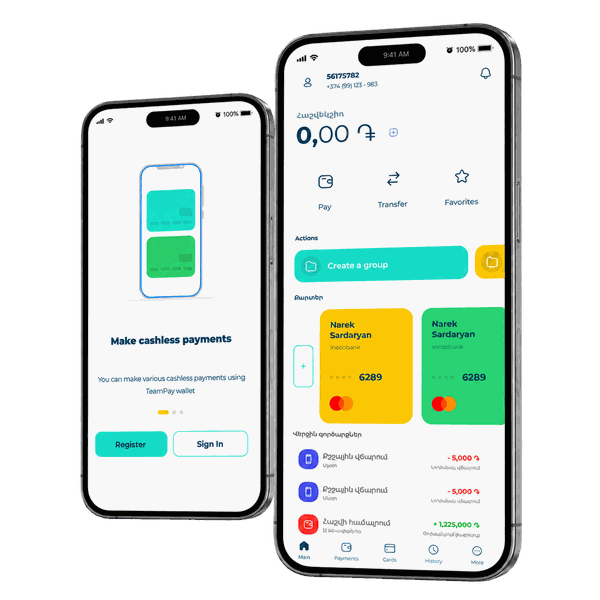 TeamPay wallet — onboarding and account dashboard on two phones